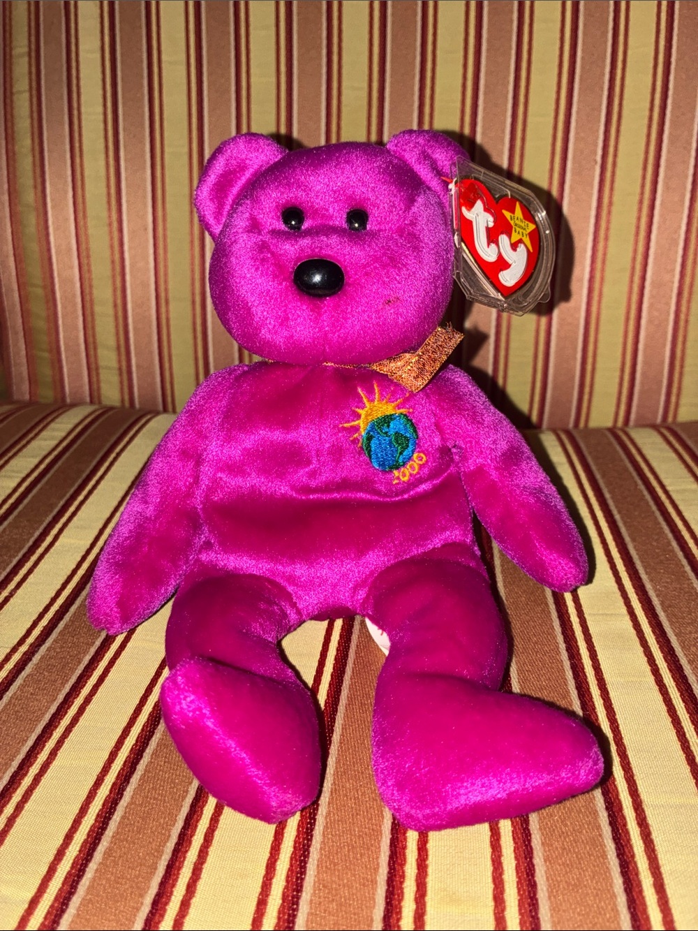Ty Pink Millennium Bear Plush with Embroidered Globe